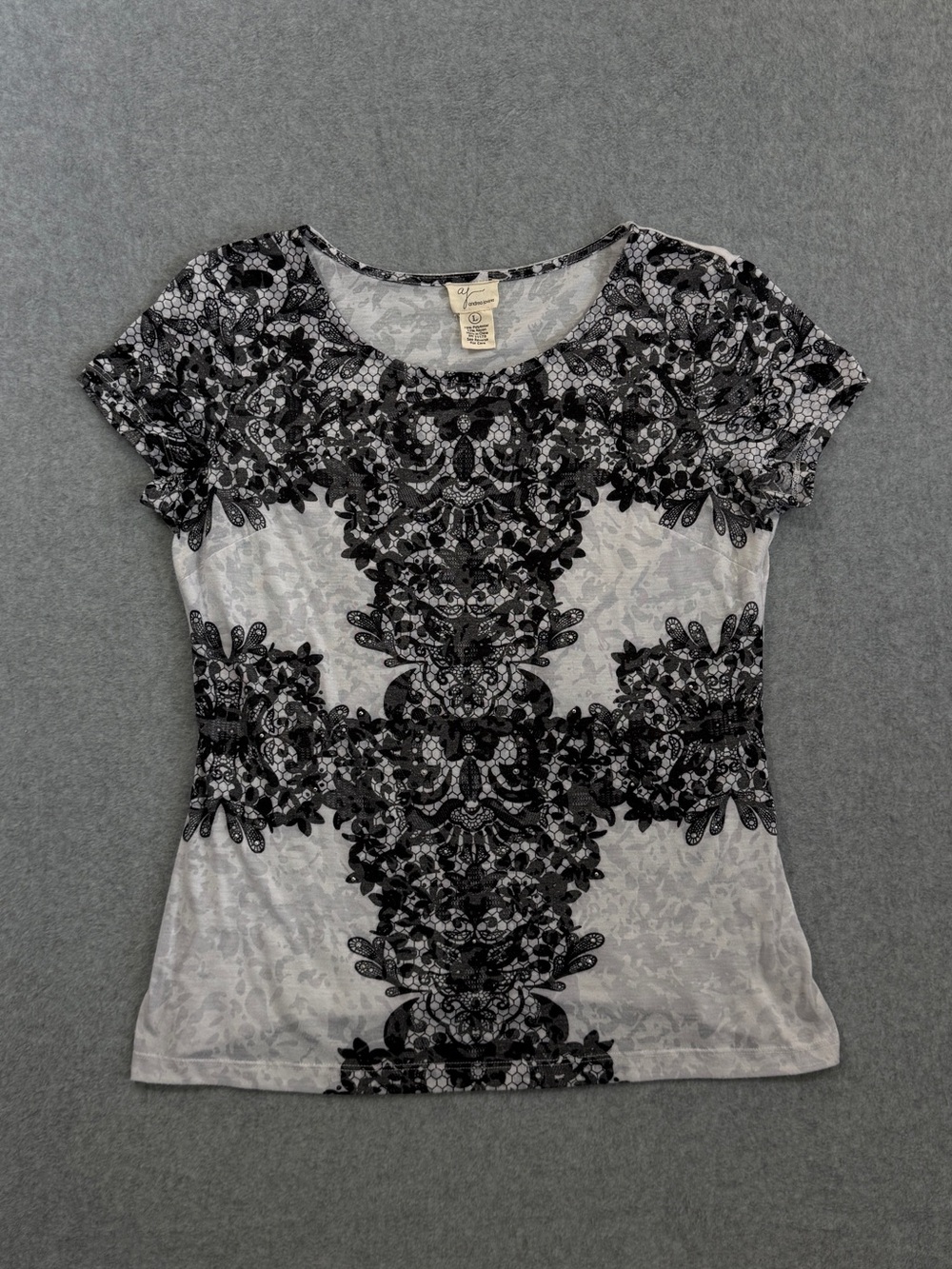 Y2K Andrea Jovine Sheer Lace Rhinestone Print Short Sleeve Top Size L